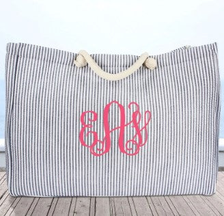 Navy Seersucker Tote*