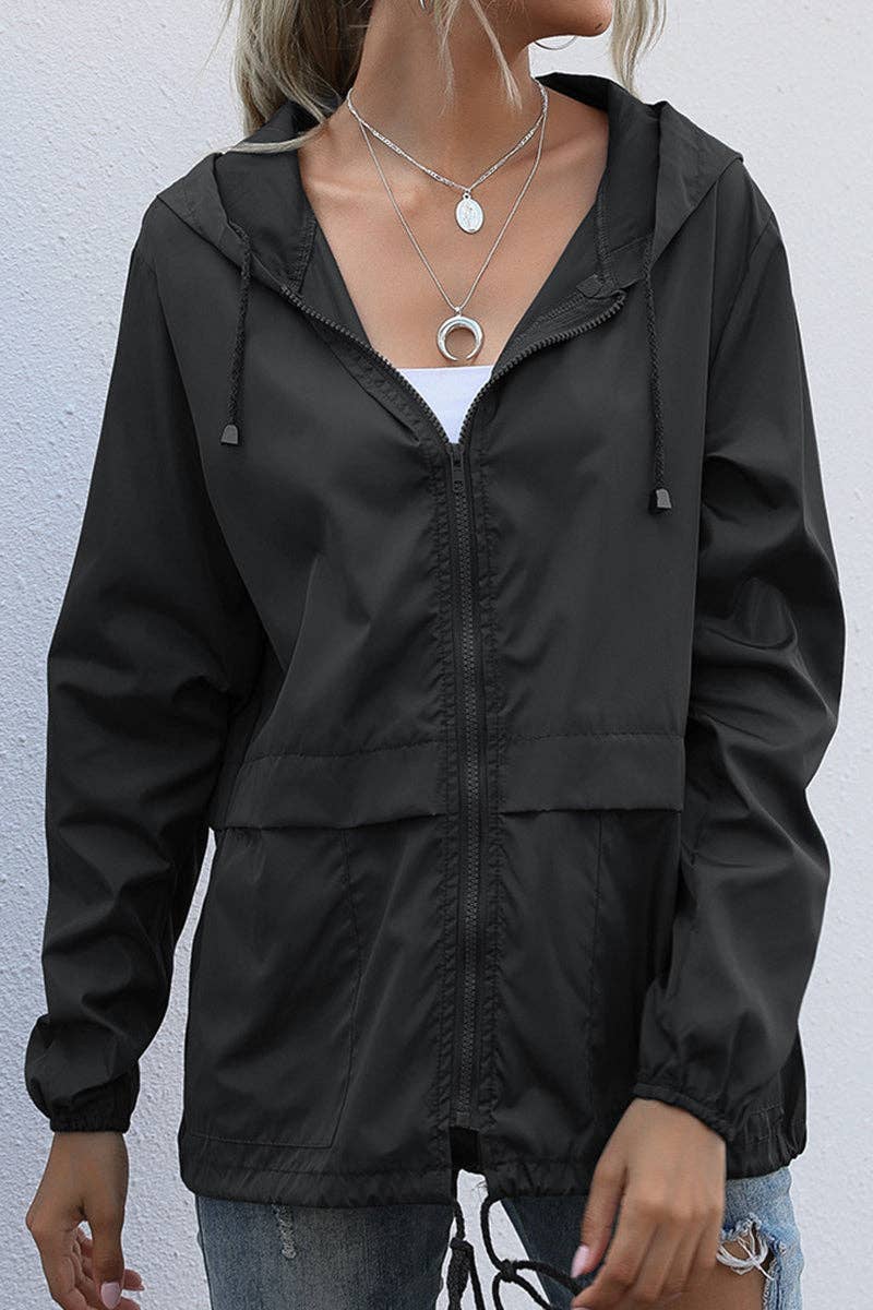 Zip-Up Hooded Casual Jacket: BLACK
