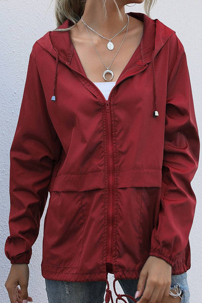 Zip-Up Hooded Casual Jacket: WINE