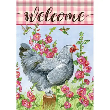 Garden Flag: Chicken & Hollyhocks