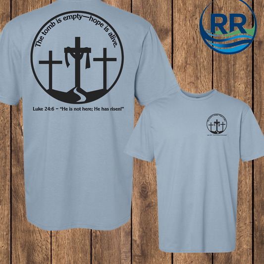 Luke 24:6 T-Shirt: Stone Blue