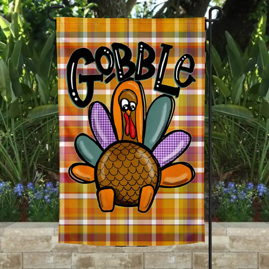 Garden Flag- Gobble Turkey with Plaid