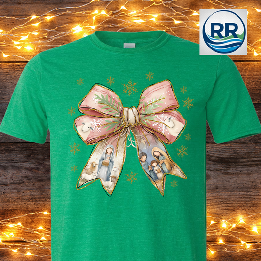 Nativity Bow T-Shirt: Heather Irish Green