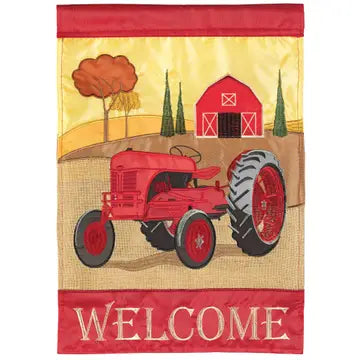 Welcome Red Fall Tractor Burlap Applique Garden Flag