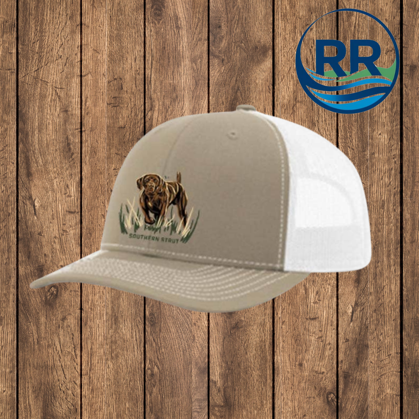 Pointer Strut Trucker Hat: Khaki / White