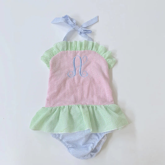 Seersucker Swim One Piece Color Block