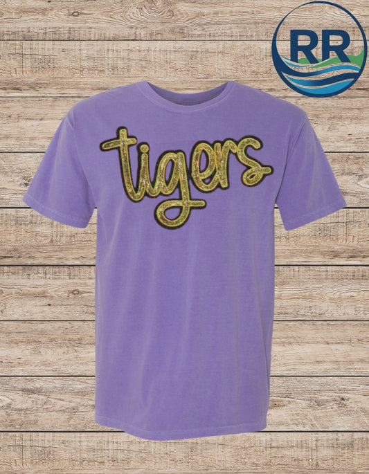 Tigers Gold Sequin Comfort Colors T-Shirt Lt Purple